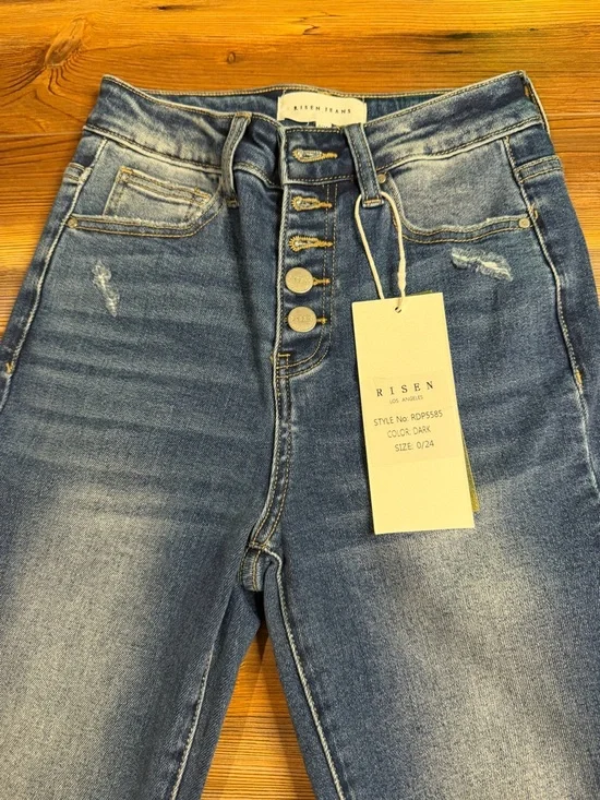 NWT Risen High Rise Button Fly Cropped Flare Jeans Stretchy Dark Wash Raw Hem - Picture 3 of 5